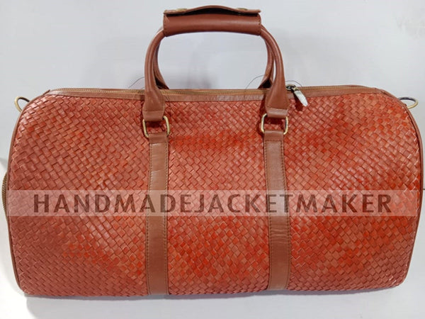Full Grain Leather Duffle Bag Brown, Intrecciato Travel Duffel Bag, Handcraft Woven Weekend Luggage Bag, Weekender Overnight Duffle Bag