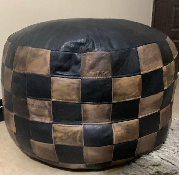 Luxury round pouf Handmade footstool round pouf Amazing round Ottoman Pouf leather, round pouf Black And Khaki Leather Check Pattern
