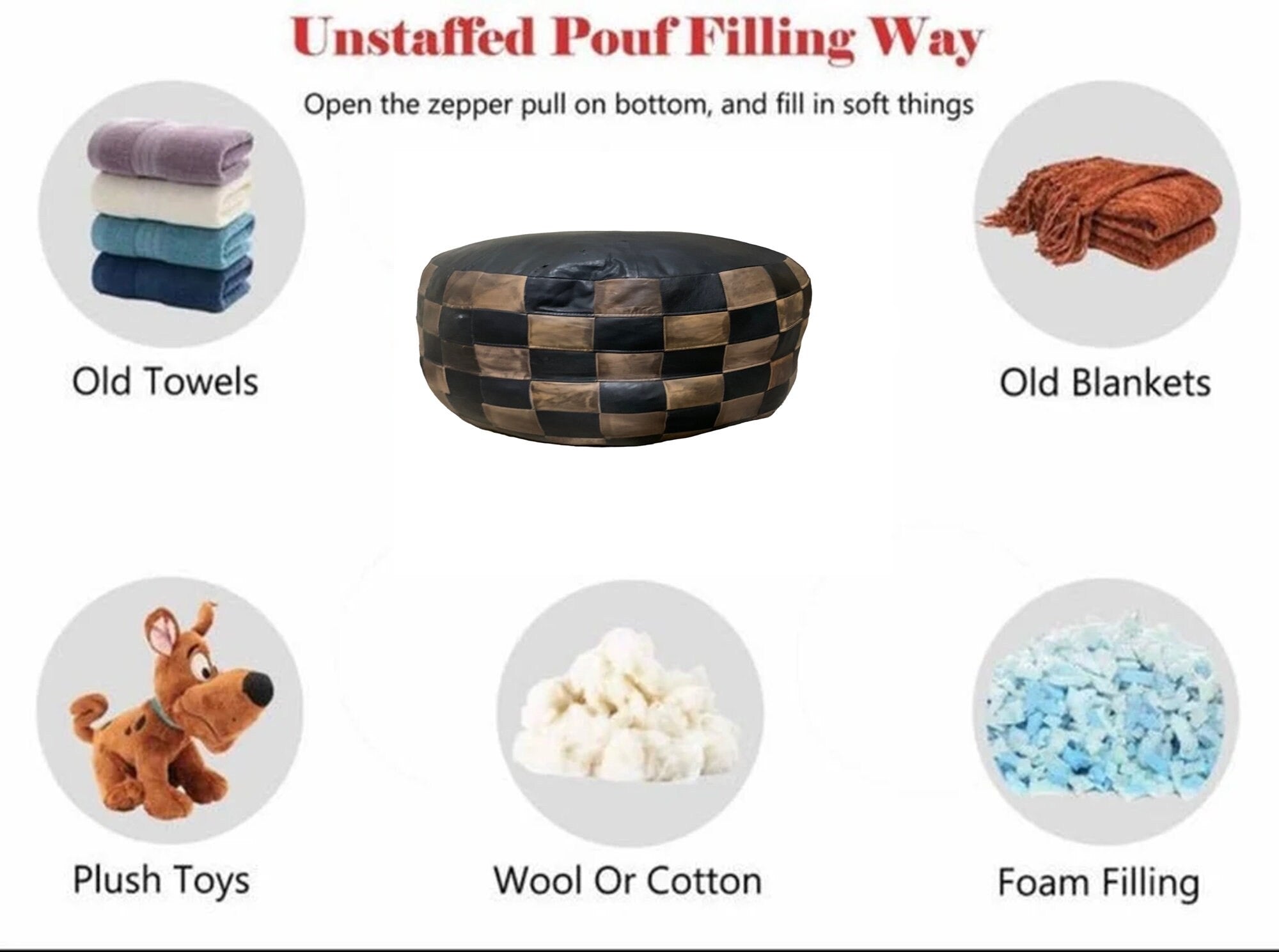 Luxury round pouf Handmade footstool round pouf Amazing round Ottoman Pouf leather, round pouf Black And Khaki Leather Check Pattern