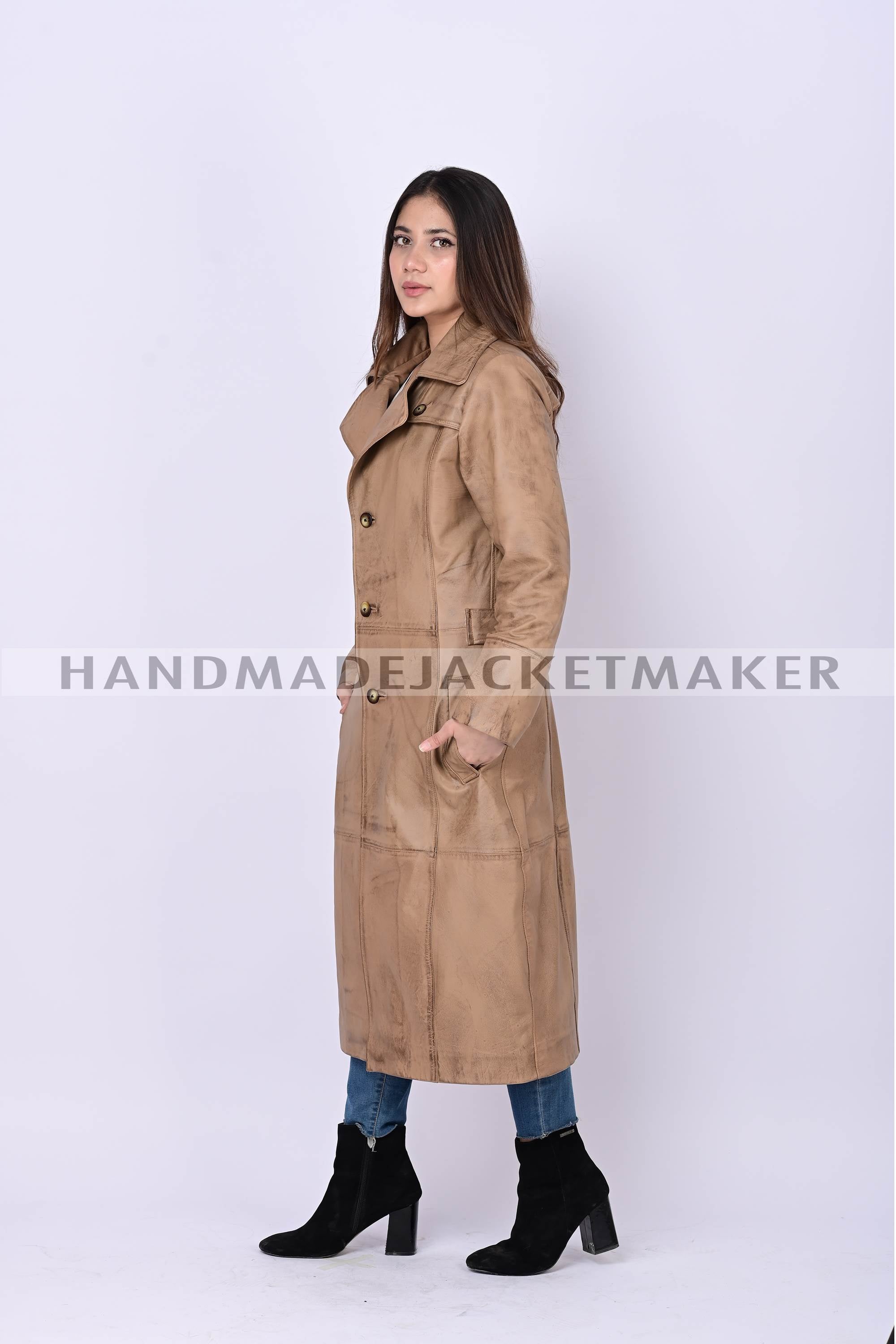 Leather Trench Coat For Women Distressed Tan