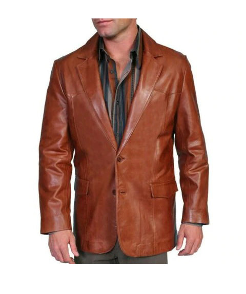 Men's Dark Tan Leather Blazer Vintage Coat