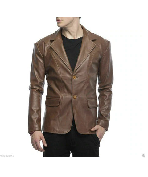 Men's Chocolate Brown Leather Blazer Coat