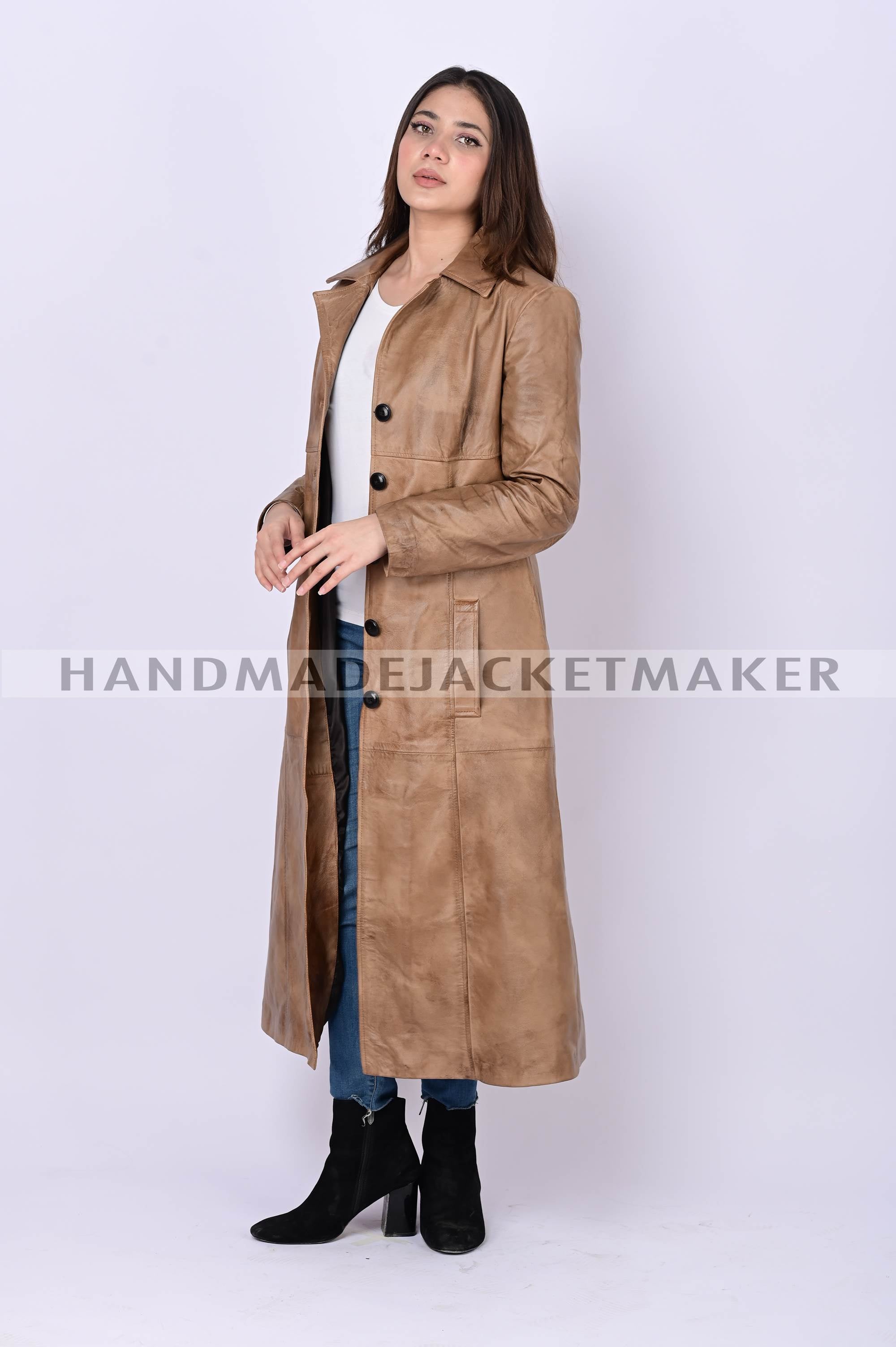 Leather Trench Coat For Women Distressed Tan