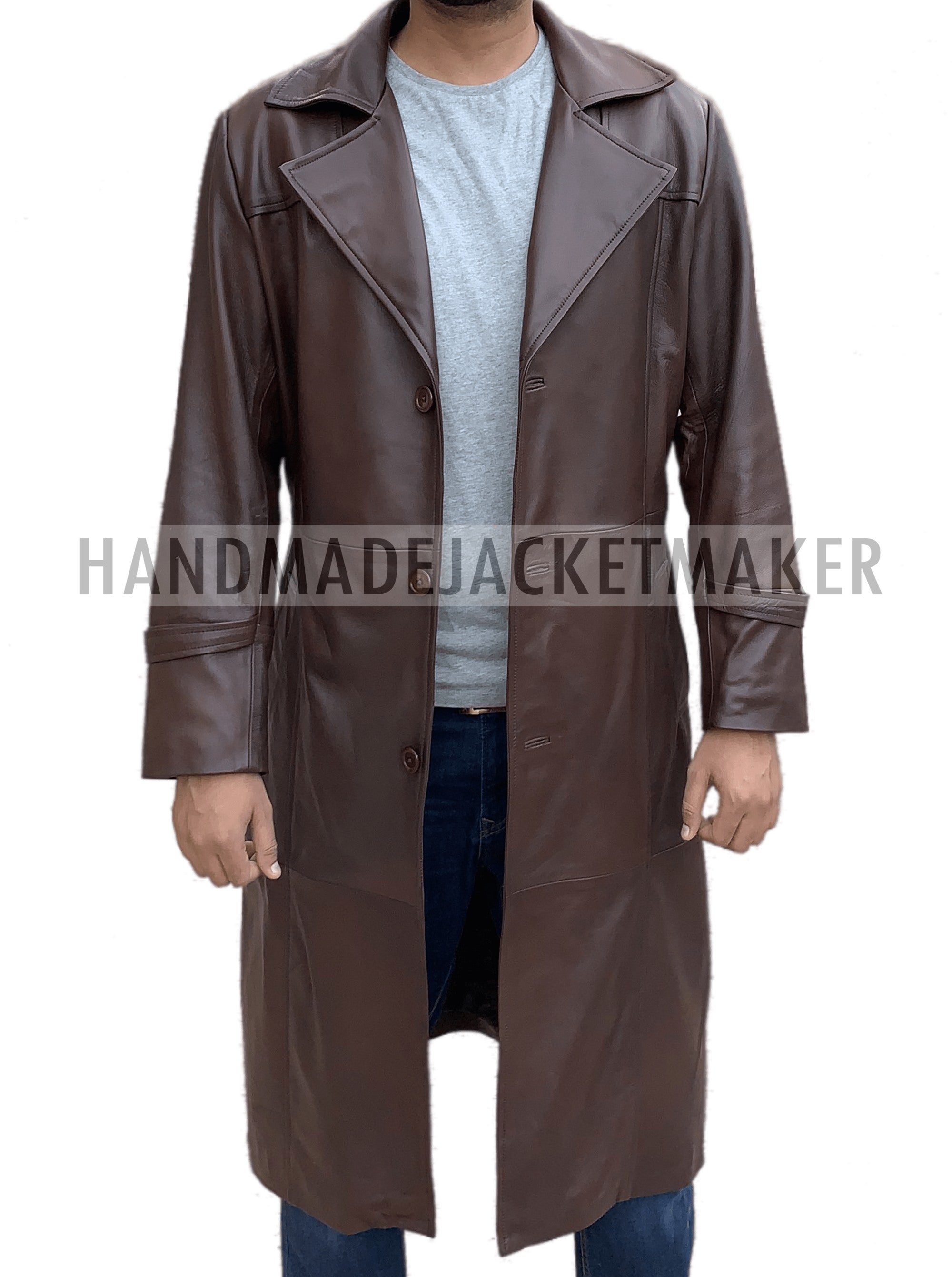 Men Dark Tan Leather Trench Coat