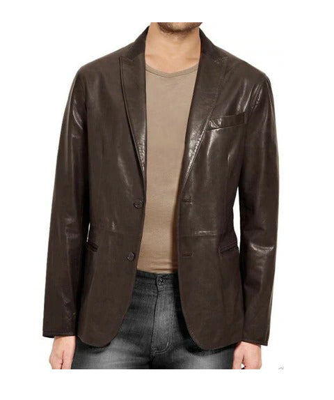 Men's Brown Genuine Leather Blazer Coat