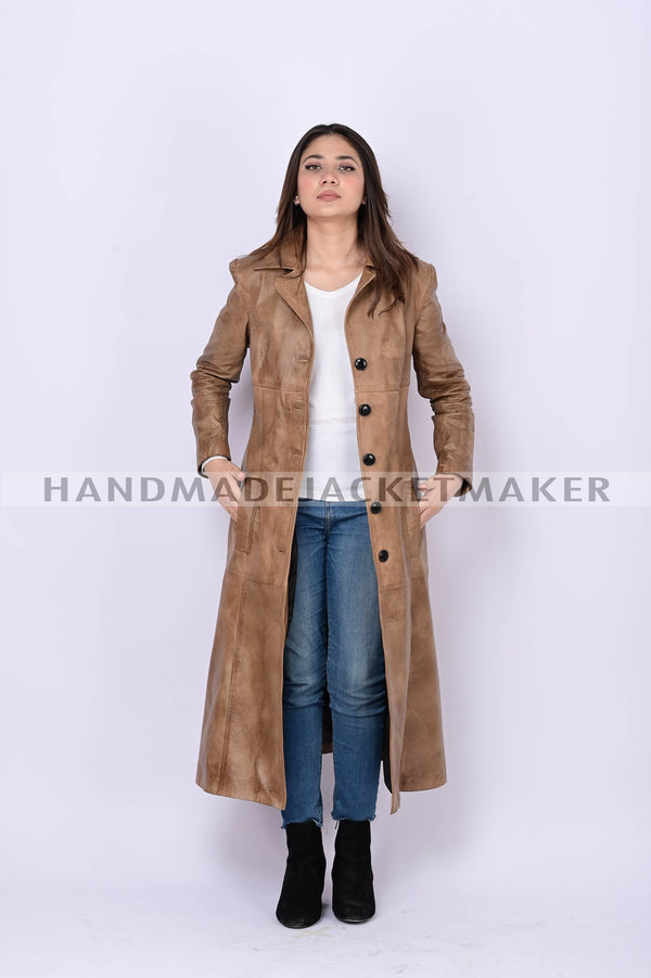 Leather Trench Coat For Women Distressed Tan