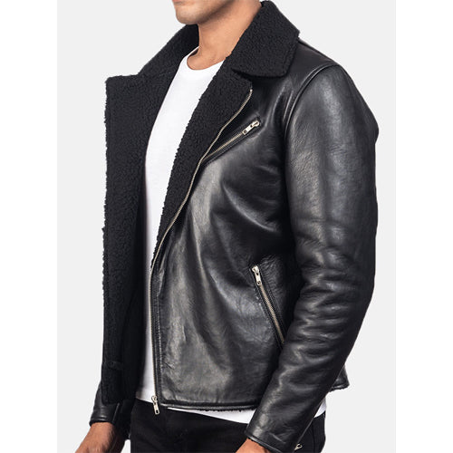 Mens Black Leather Bomber Shearling Jacket