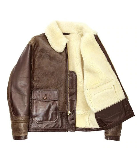 Mens brown Shearling Leather Bomber Jacket