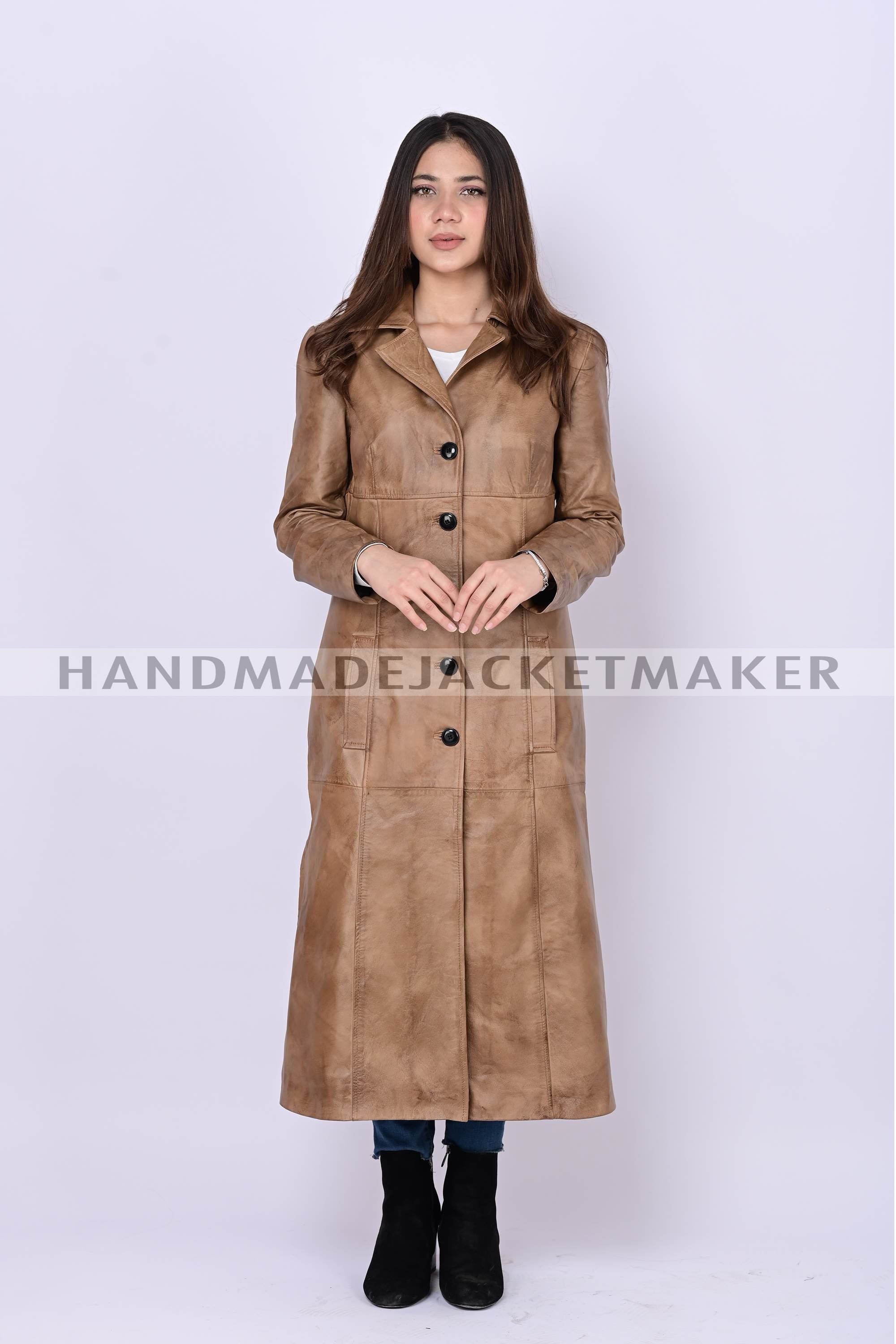 Leather Trench Coat For Women Distressed Tan