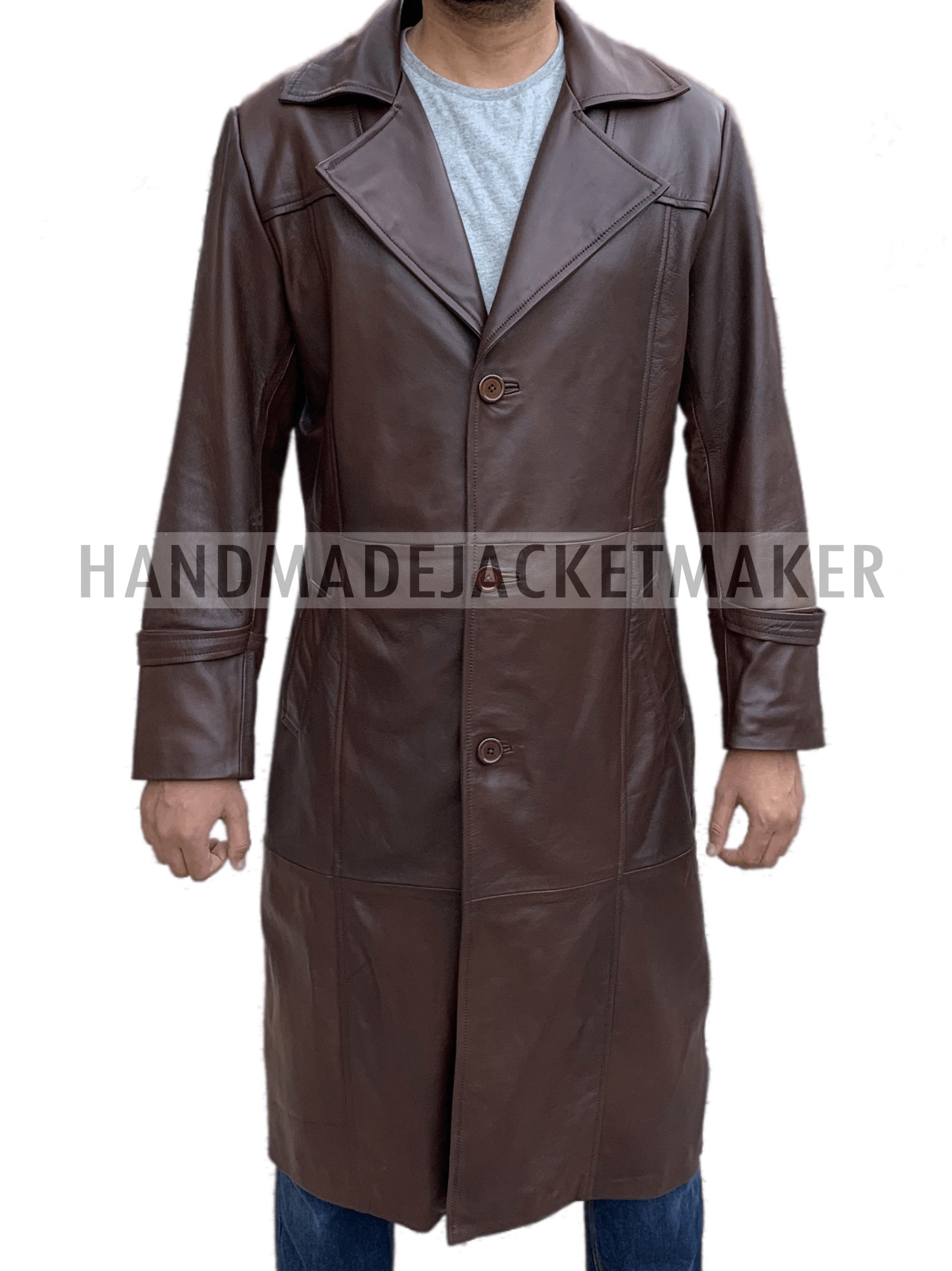 Men Dark Tan Leather Trench Coat