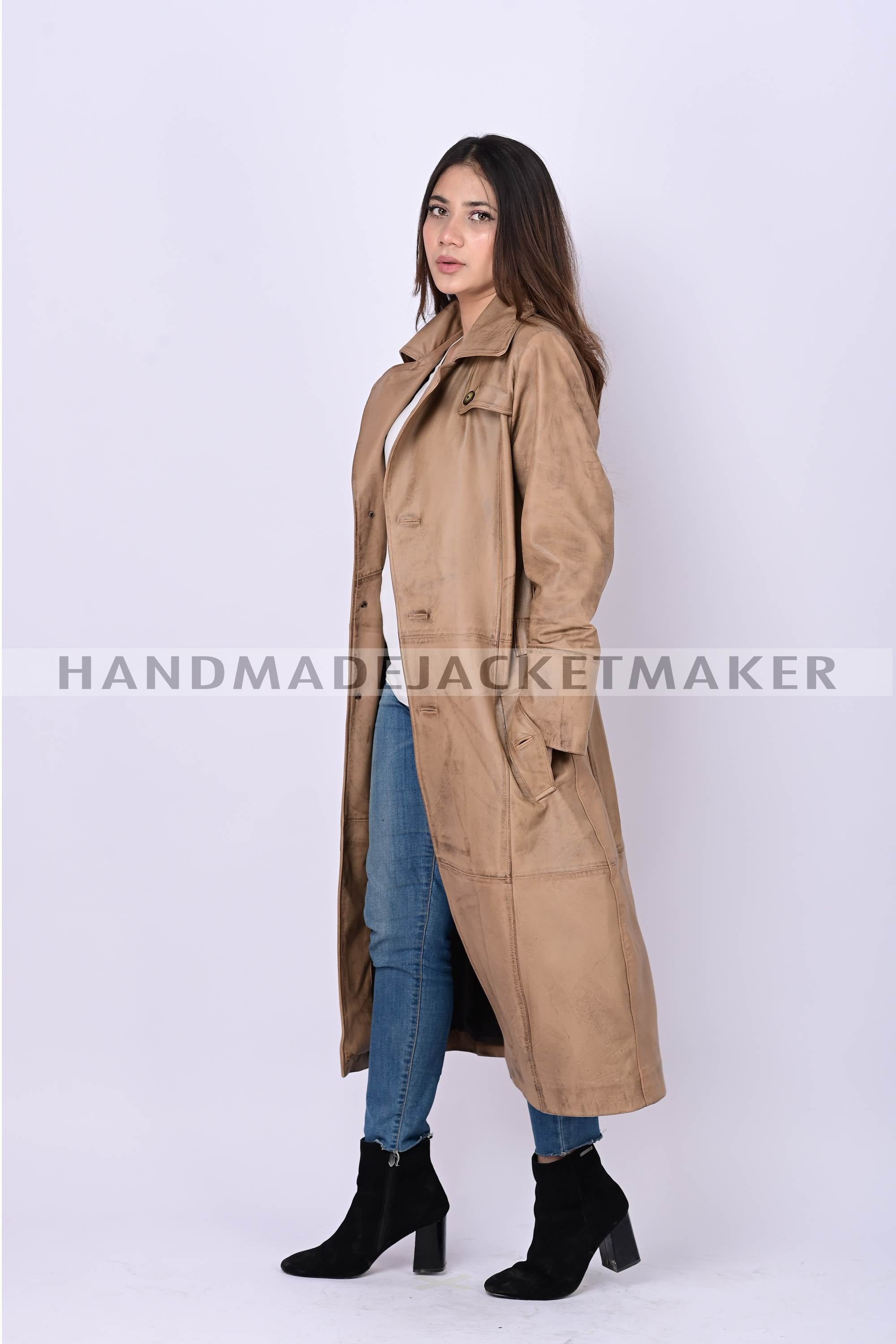 Leather Trench Coat For Women Distressed Tan