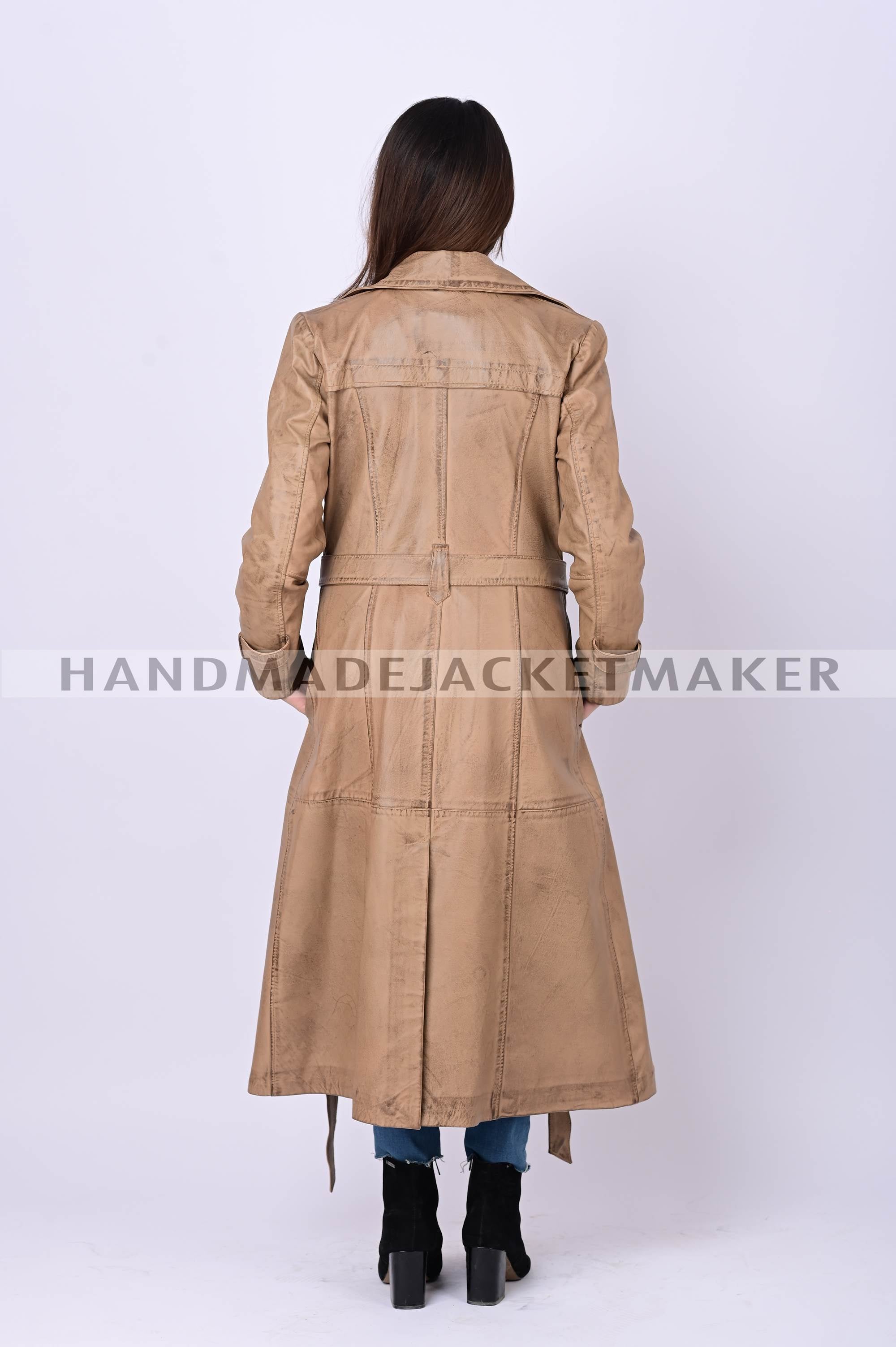 Leather Trench Coat For Women Distressed Tan