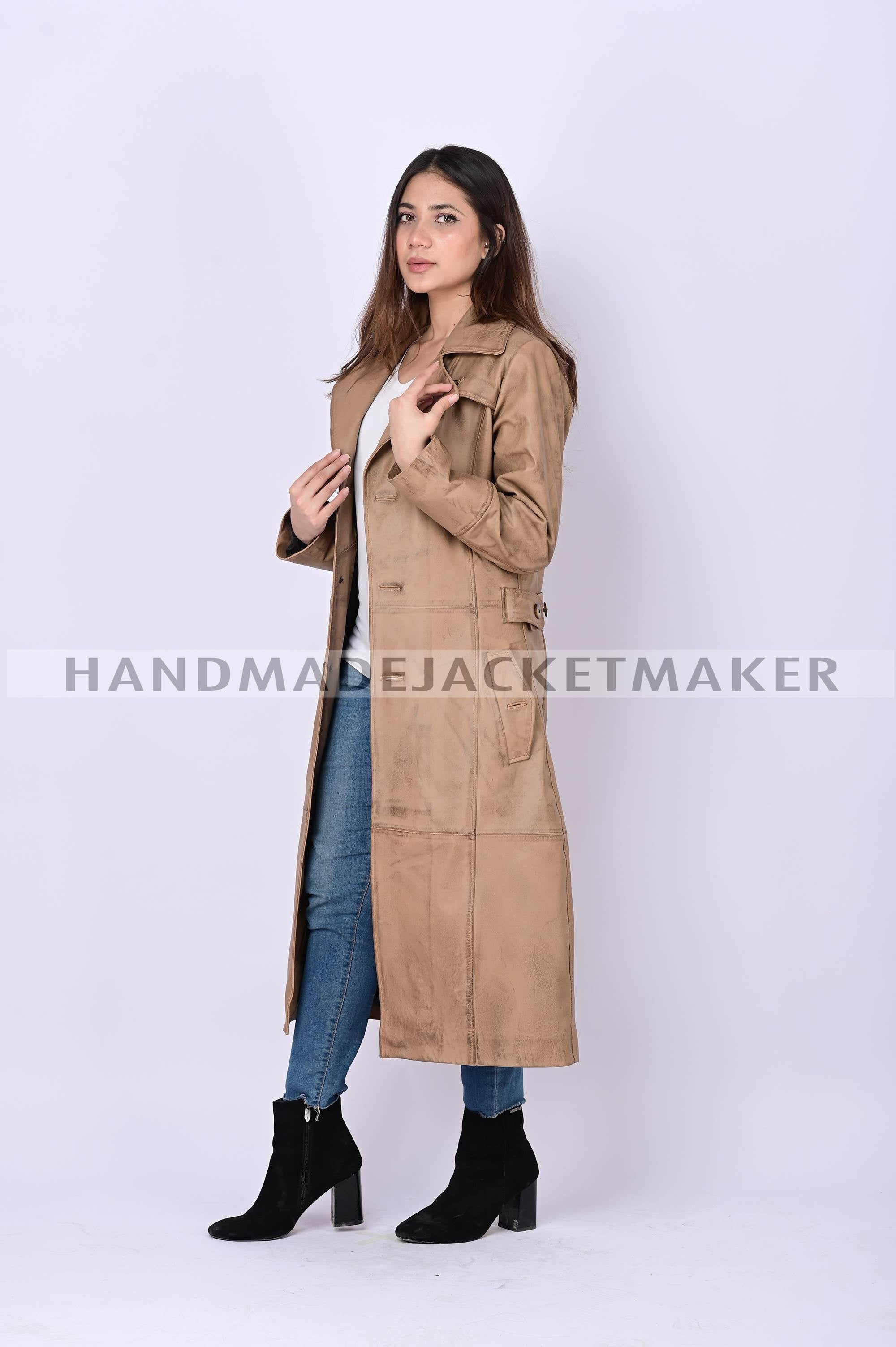 Leather Trench Coat For Women Distressed Tan