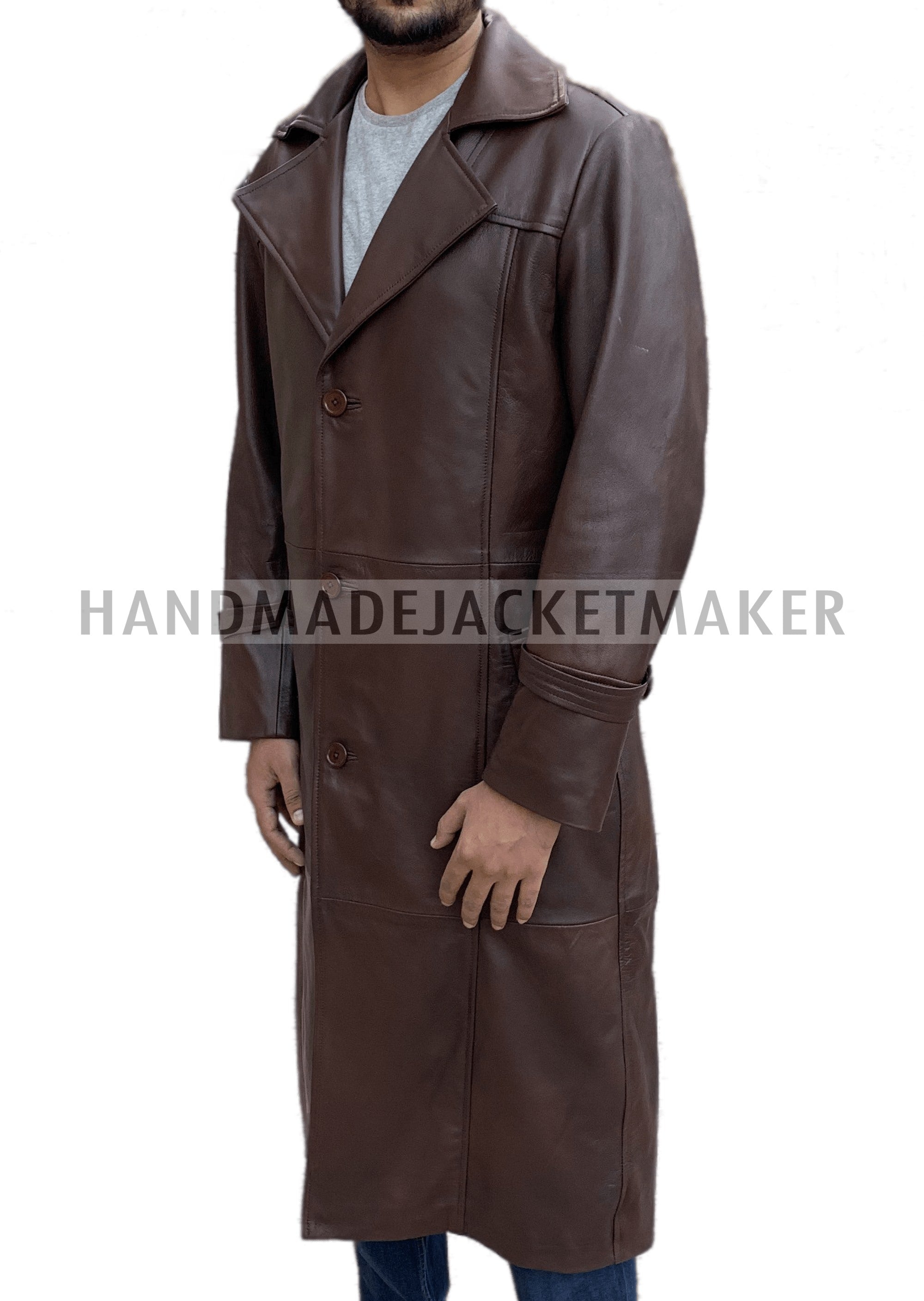 Men Dark Tan Leather Trench Coat