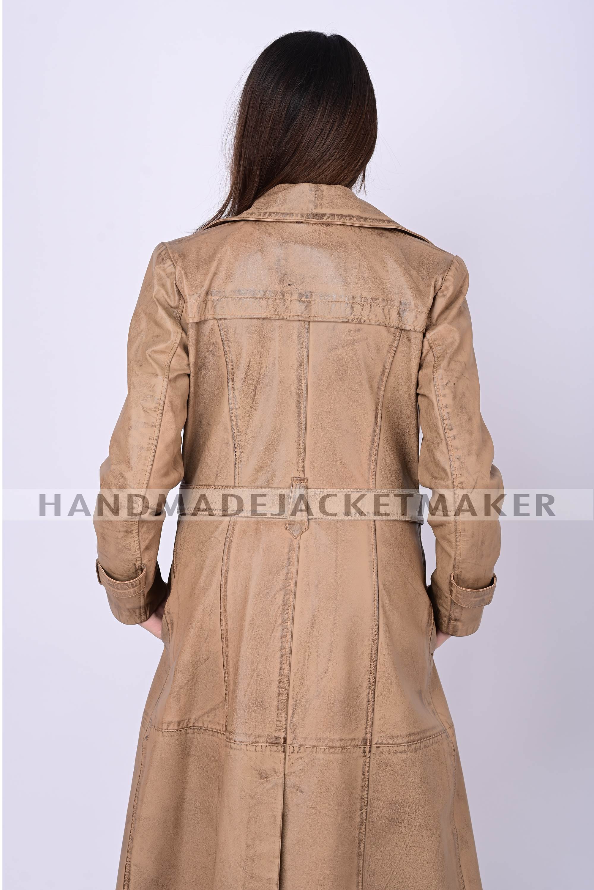 Leather Trench Coat For Women Distressed Tan