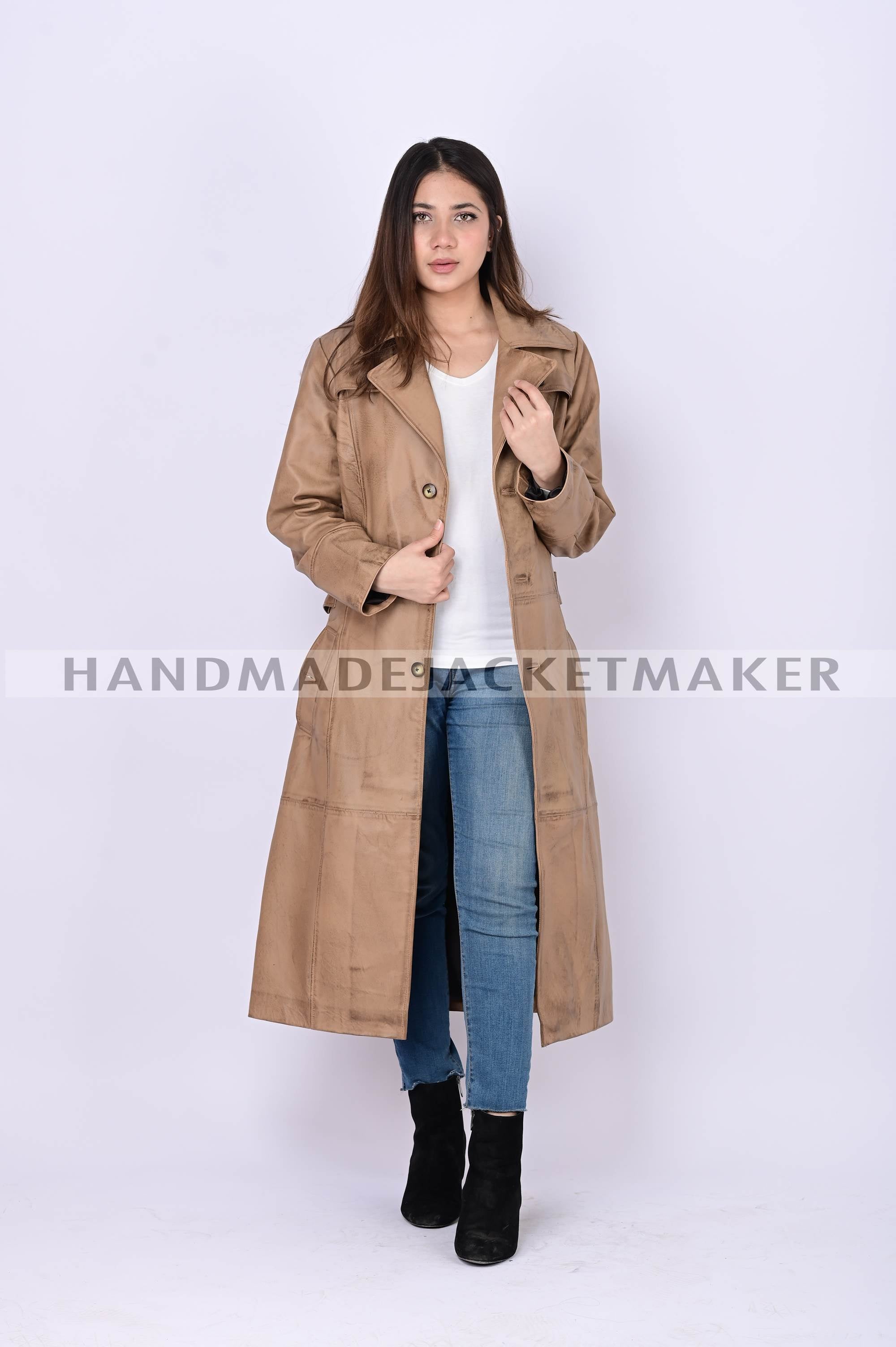 Leather Trench Coat For Women Distressed Tan