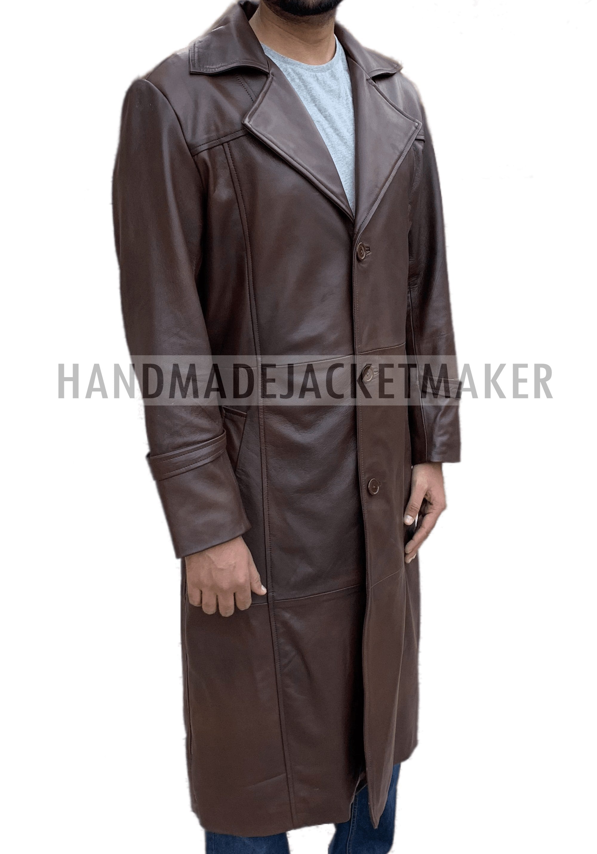 Men Dark Tan Leather Trench Coat