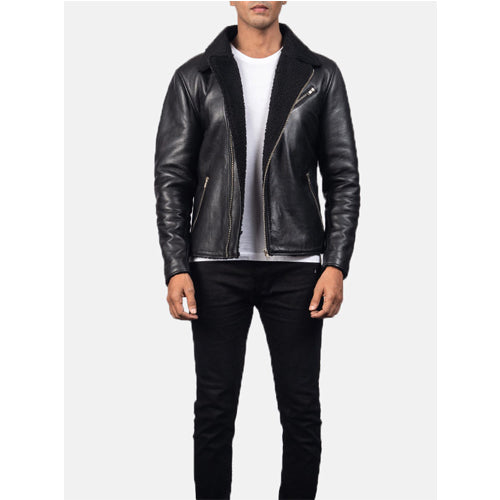 Mens Black Leather Bomber Shearling Jacket