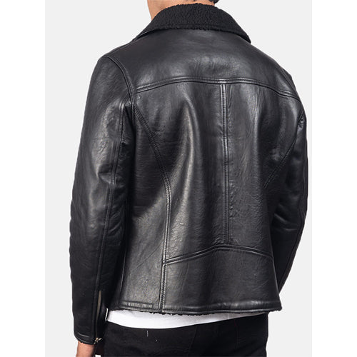 Mens Black Leather Bomber Shearling Jacket