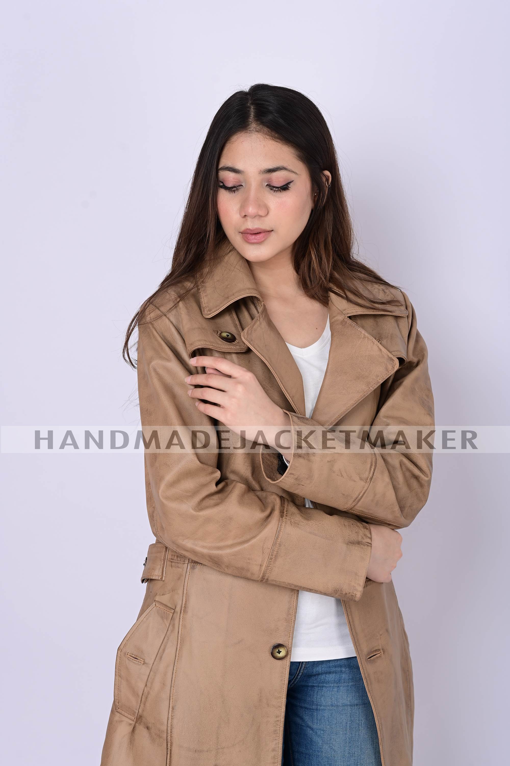 Leather Trench Coat For Women Distressed Tan