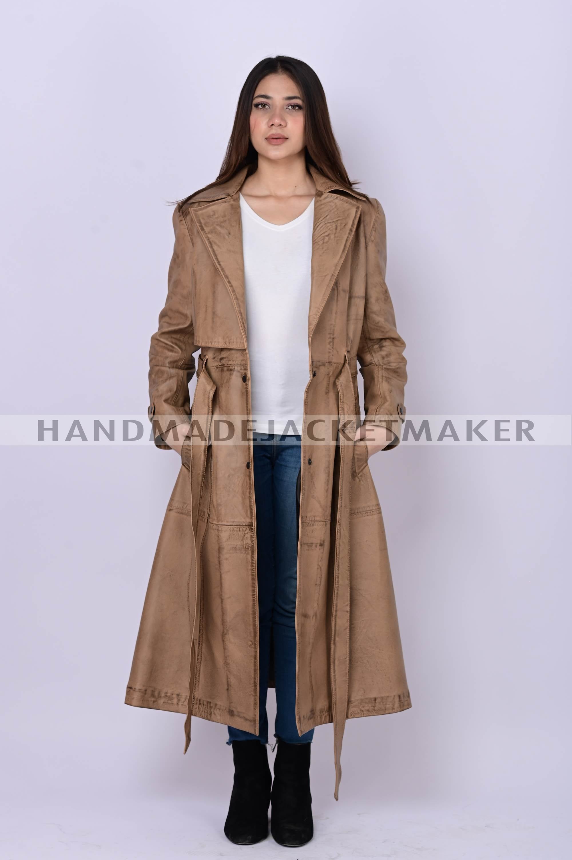 Leather Trench Coat For Women Distressed Tan