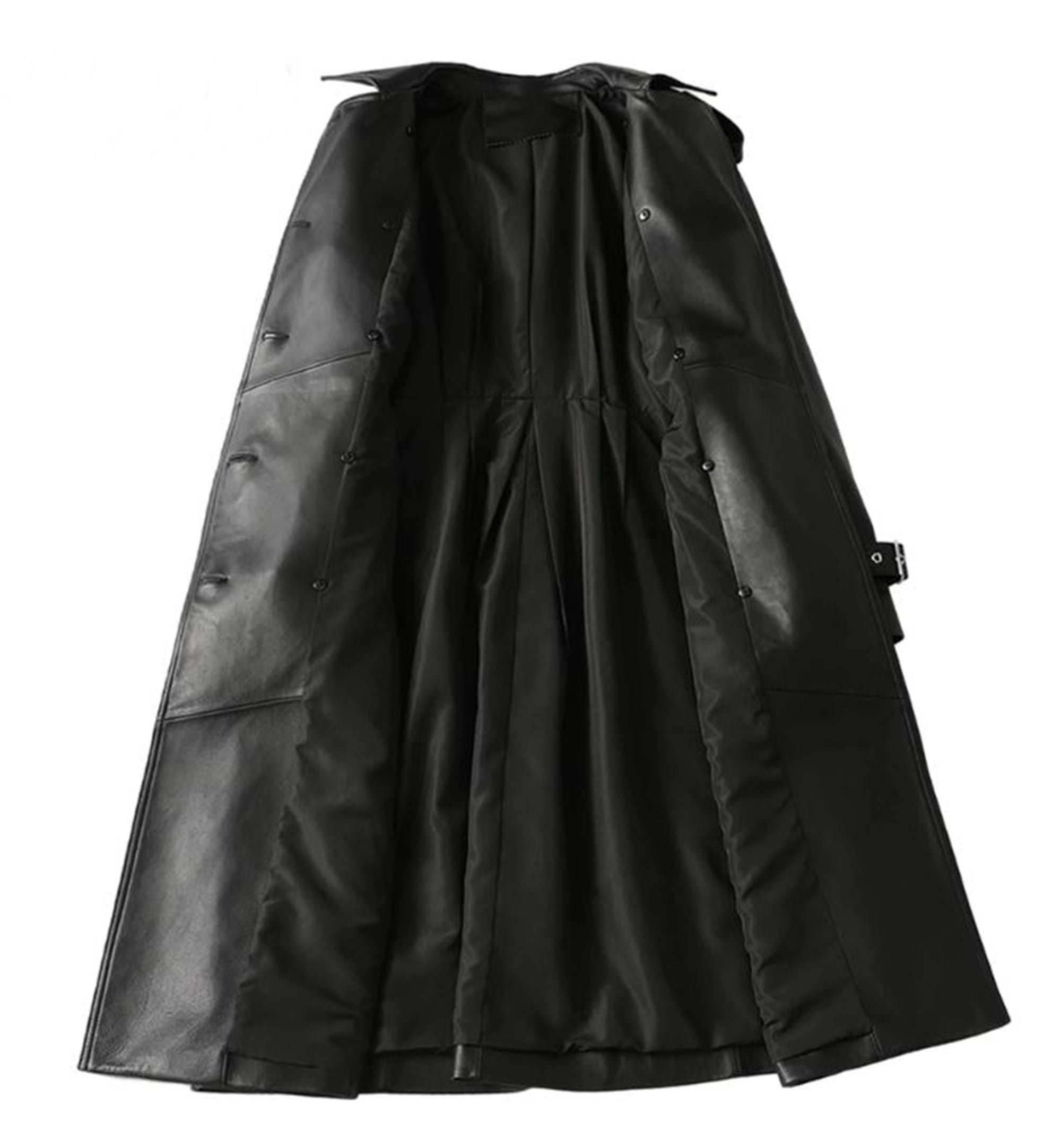 Women Black Double Breasted Knee Length Leather Coat