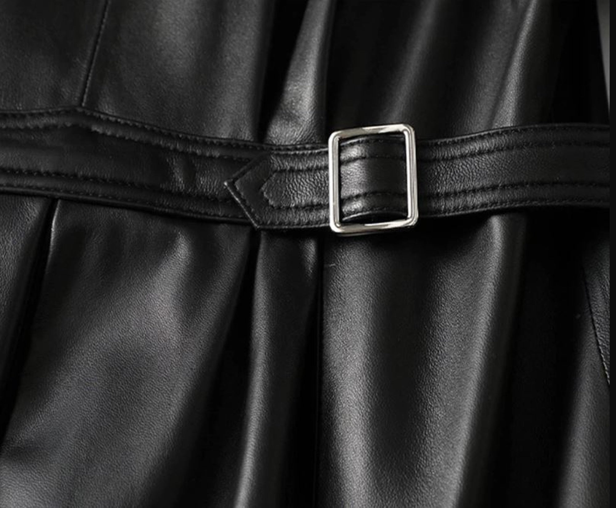 Women Black Double Breasted Knee Length Leather Coat