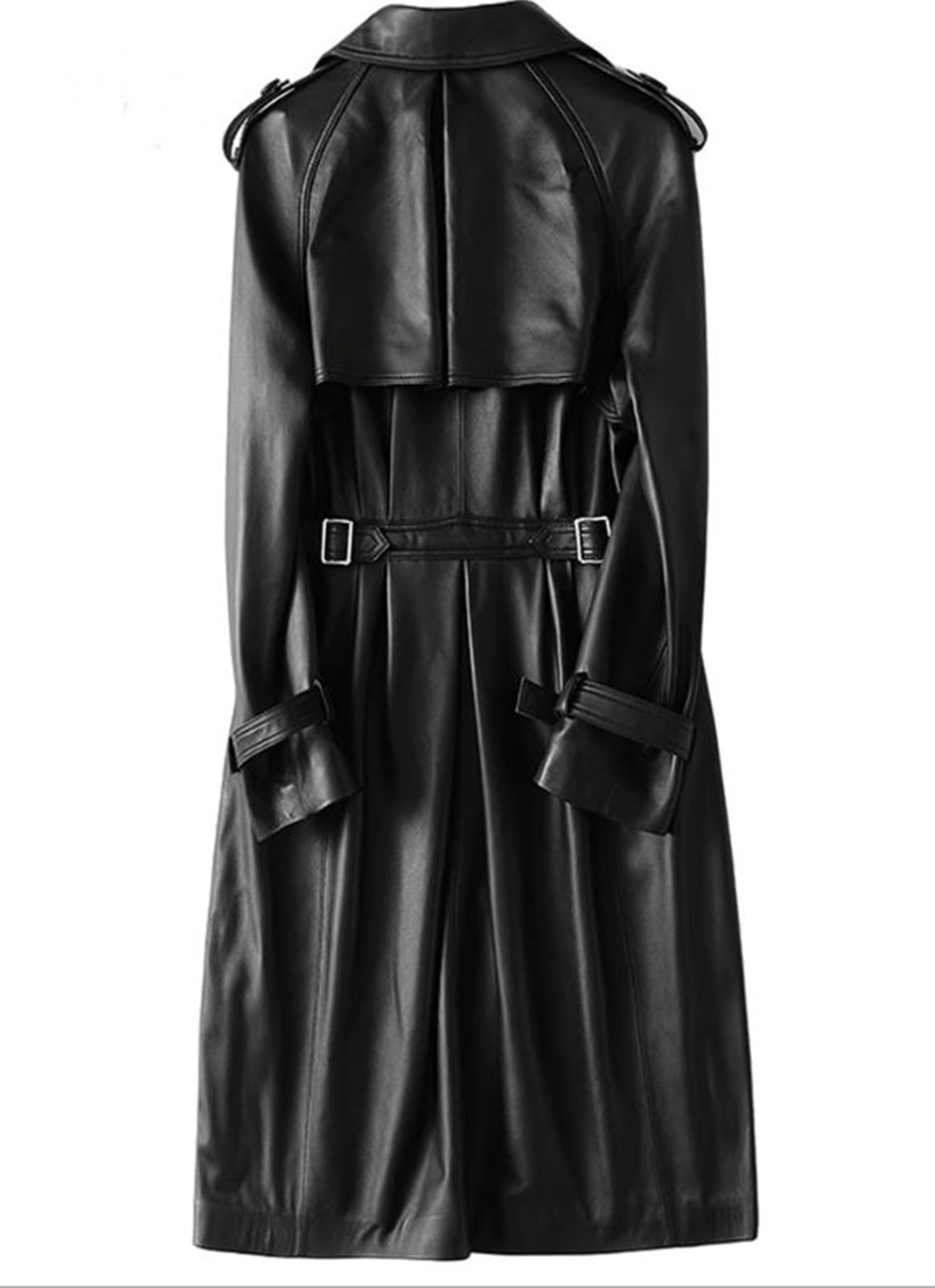 Women Black Double Breasted Knee Length Leather Coat