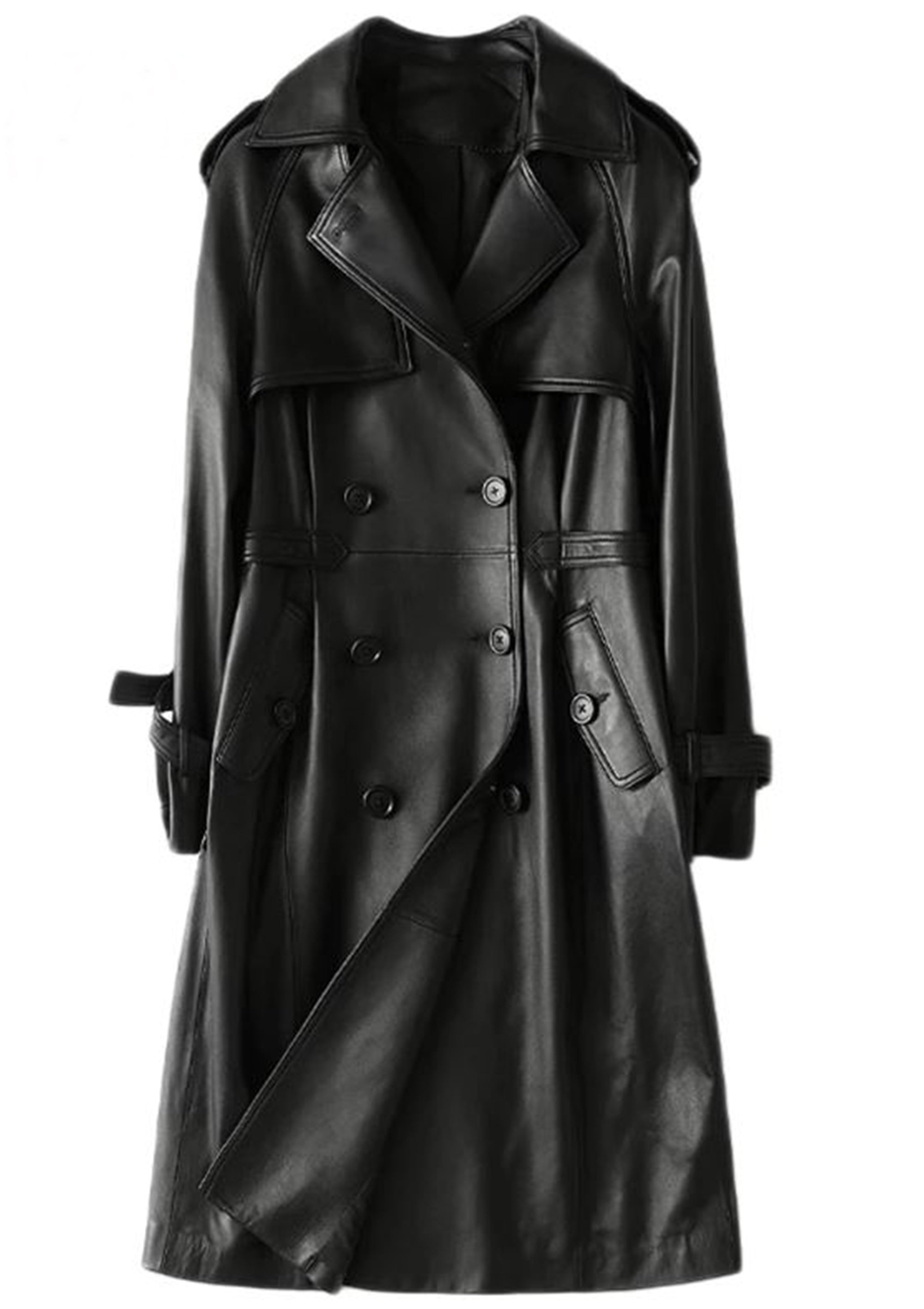 Women Black Double Breasted Knee Length Leather Coat