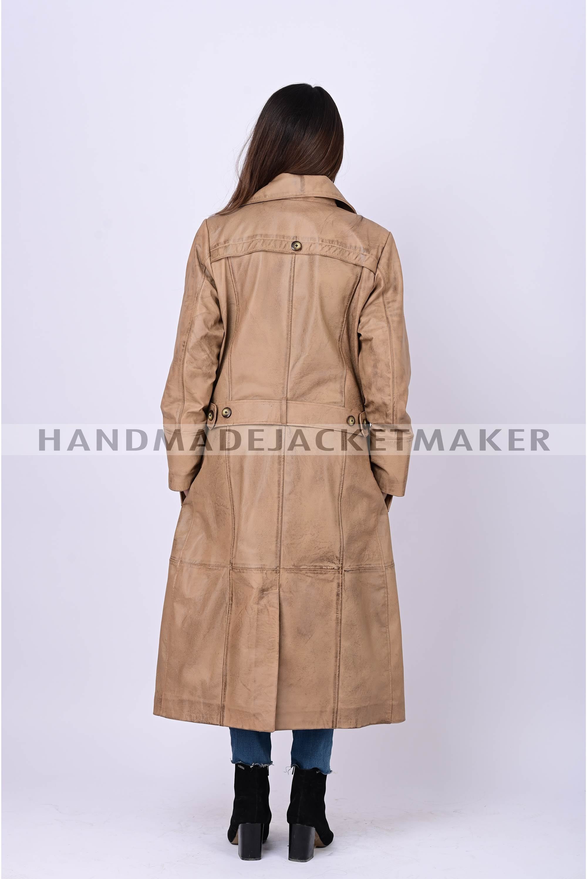 Leather Trench Coat For Women Distressed Tan