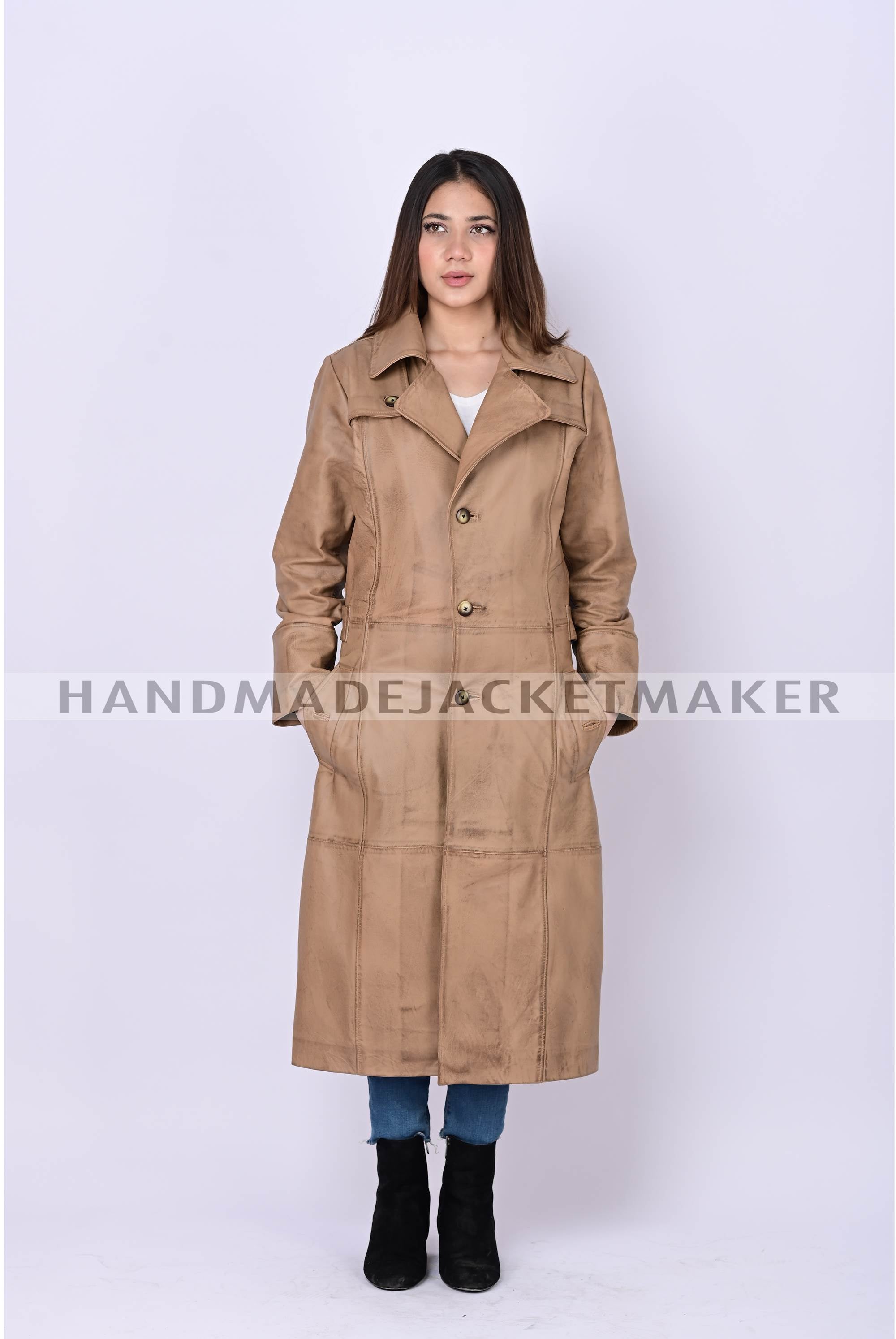 Leather Trench Coat For Women Distressed Tan