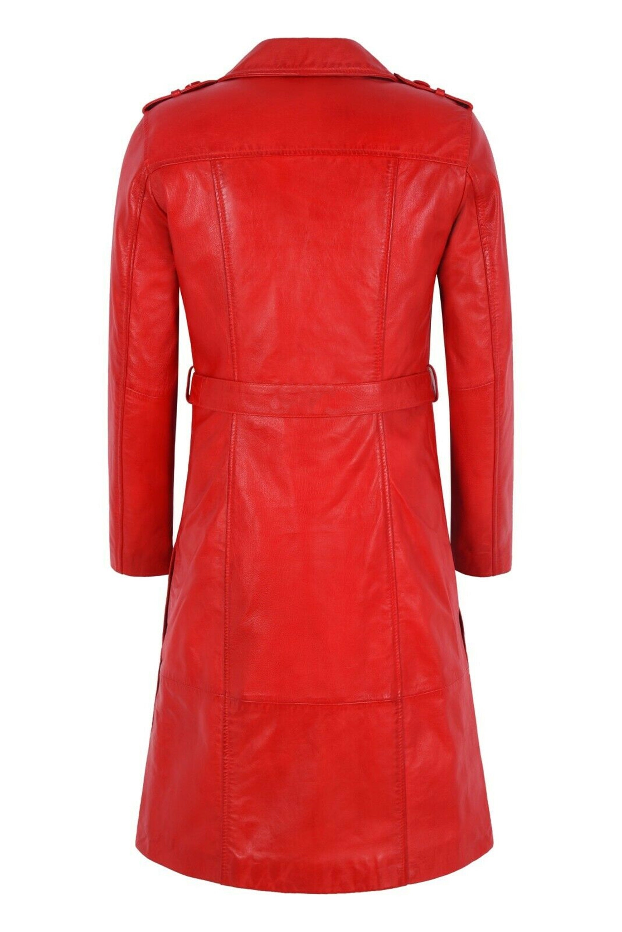 Women Red Belted Leather Trench Coat