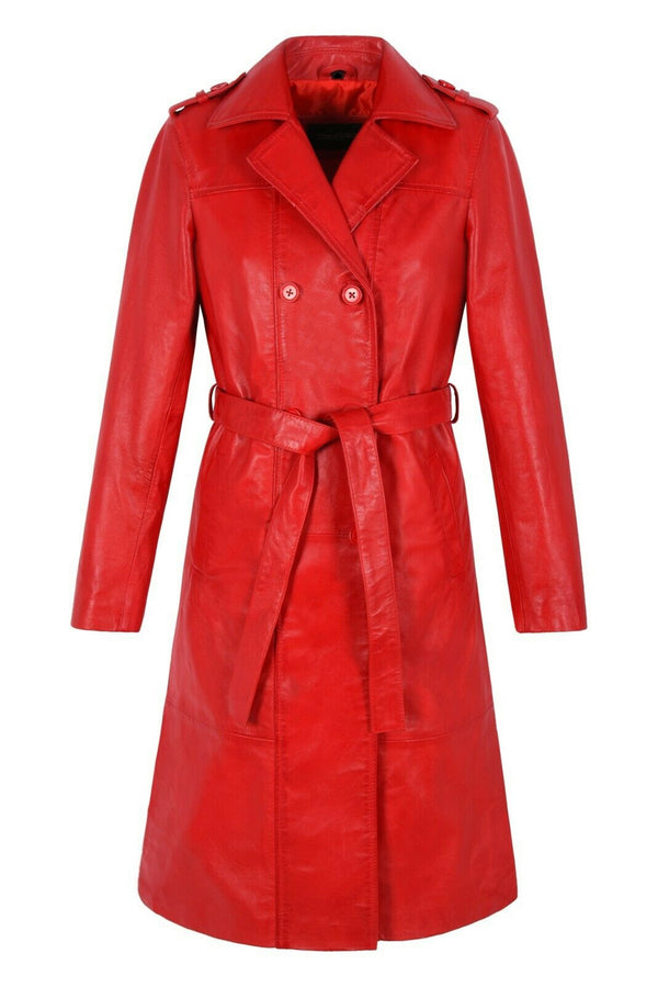 Women Red Belted Leather Trench Coat