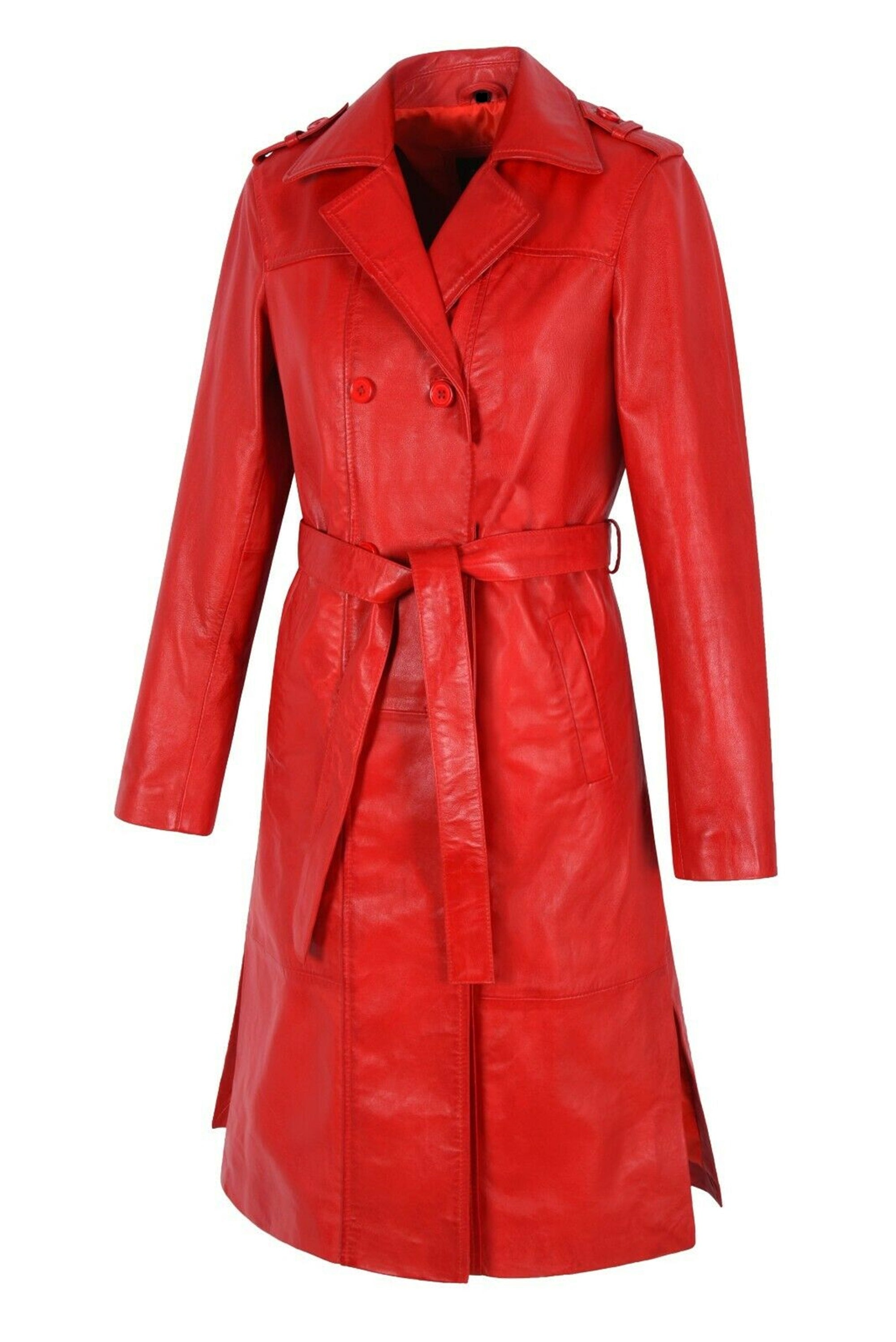 Women Red Belted Leather Trench Coat