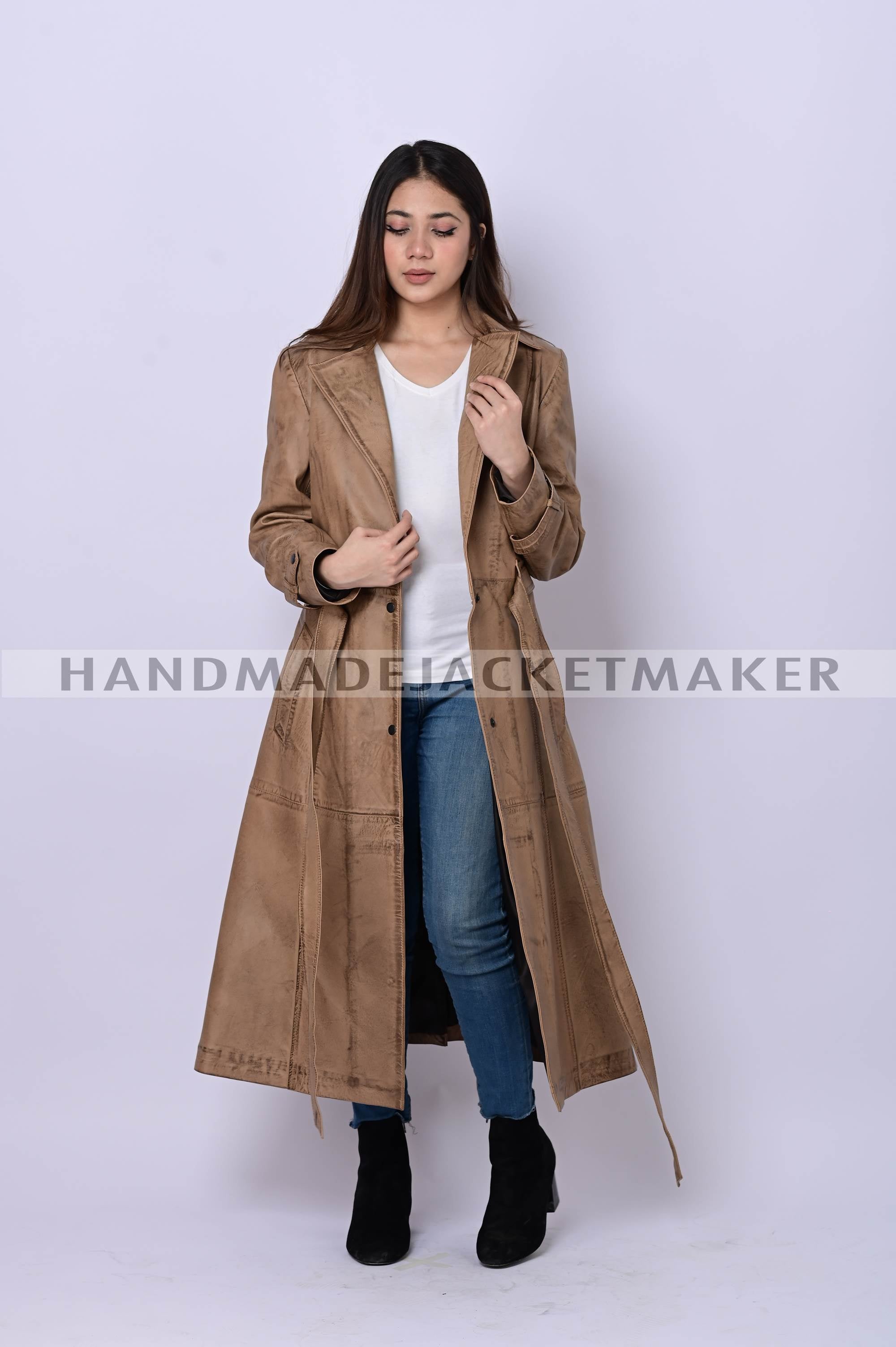 Leather Trench Coat For Women Distressed Tan