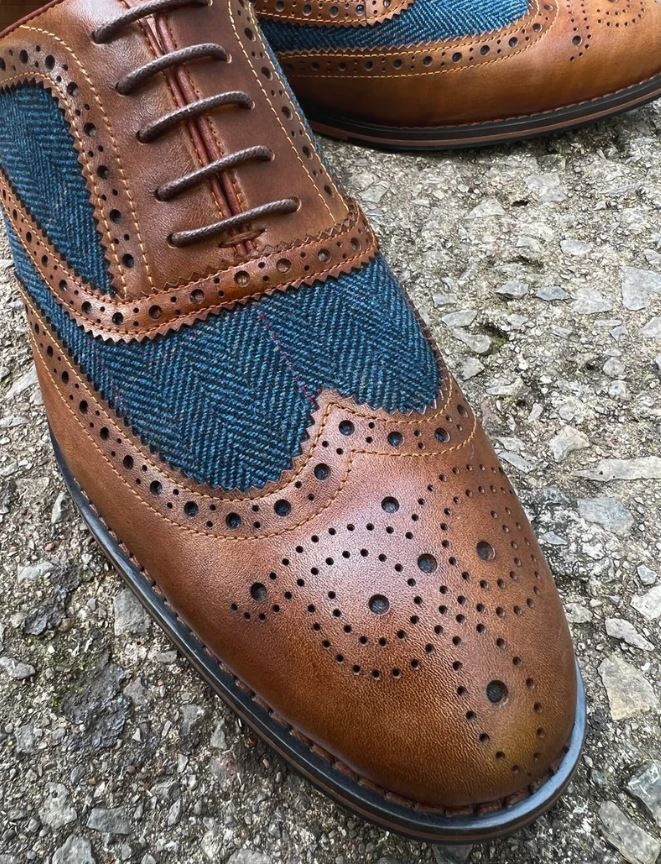 Mens Blue Tweed 2 Tone Color Leather Shoes