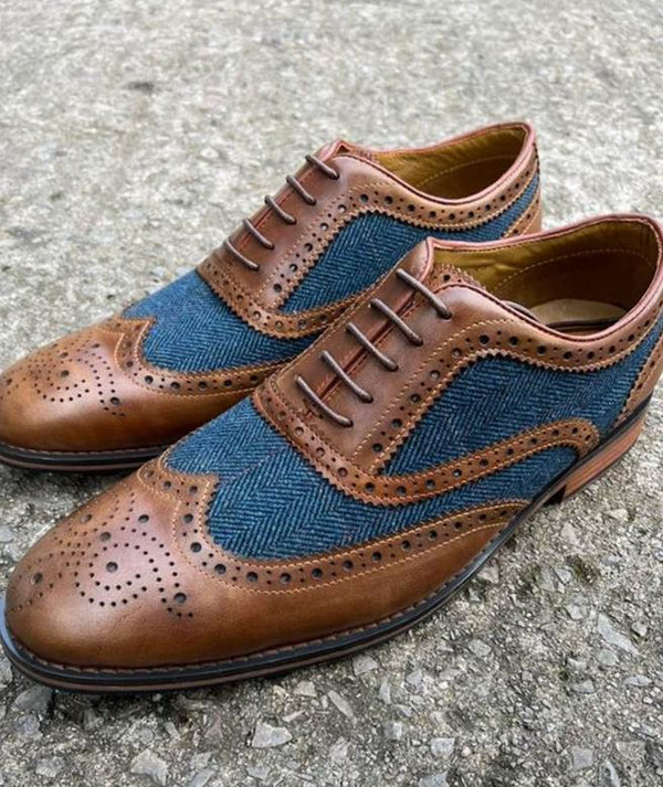 Mens Blue Tweed 2 Tone Color Leather Shoes