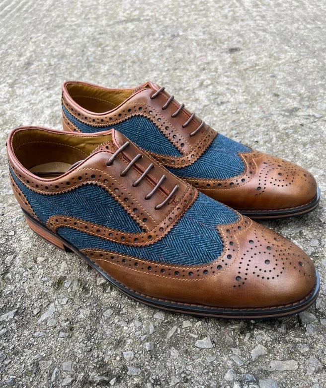 Mens Blue Tweed 2 Tone Color Leather Shoes