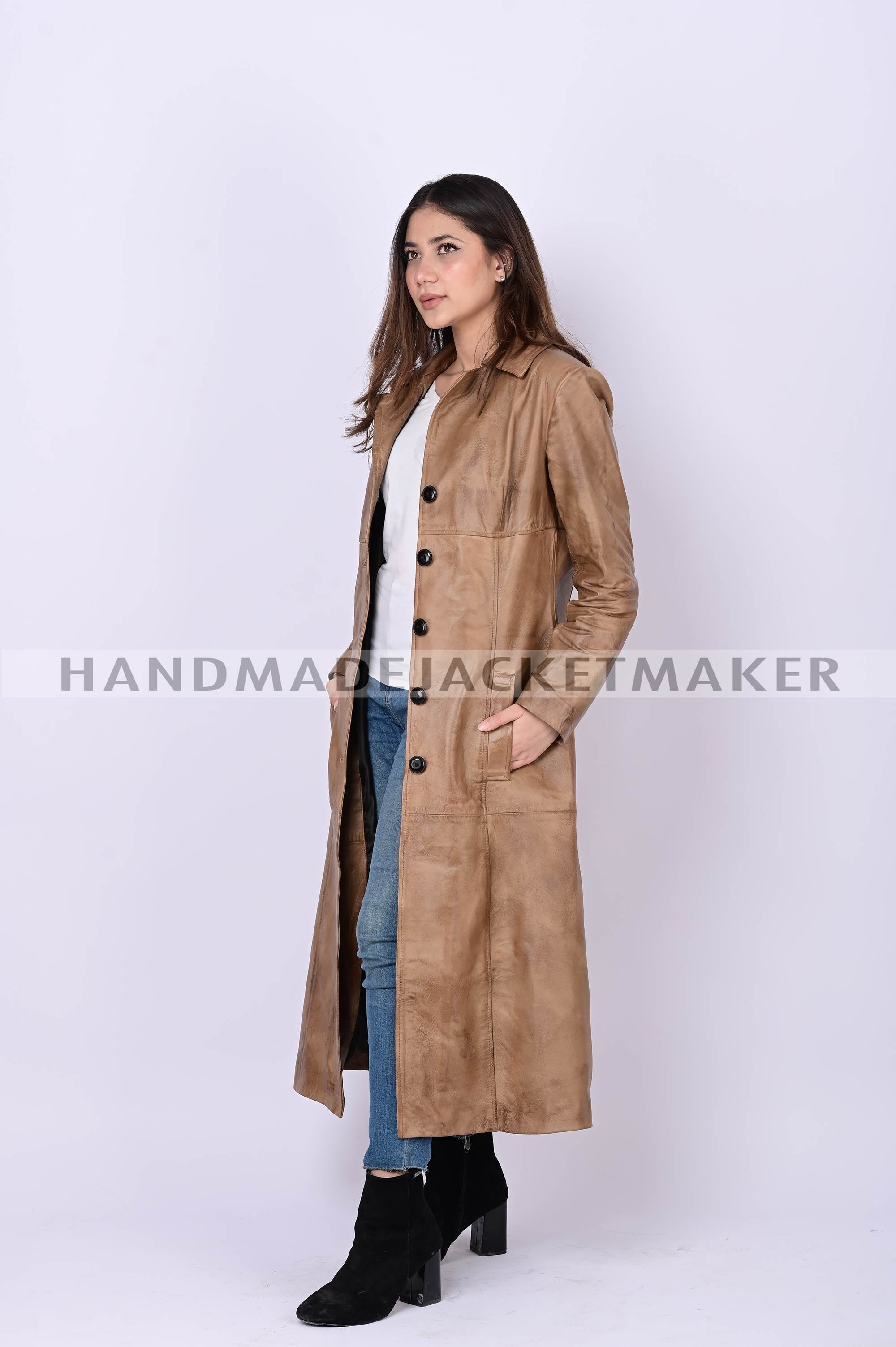 Leather Trench Coat For Women Distressed Tan