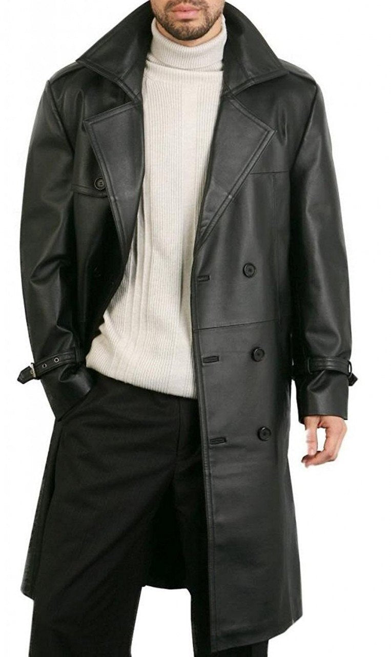 Black Leather Trench Vintage Coat For Men