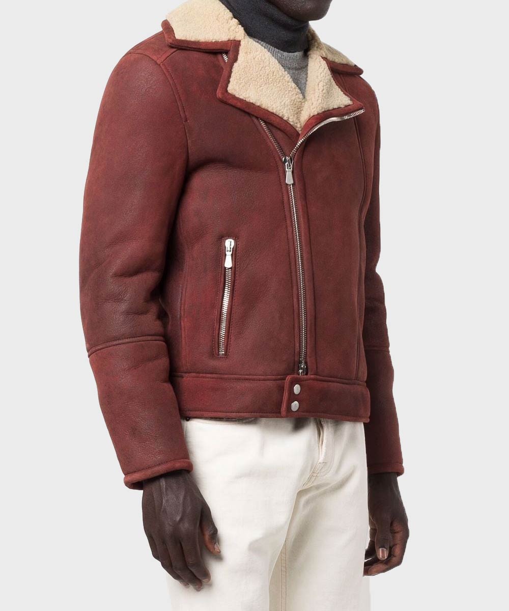 Men’s Shearling Burgundy Bomber Leather Jacket