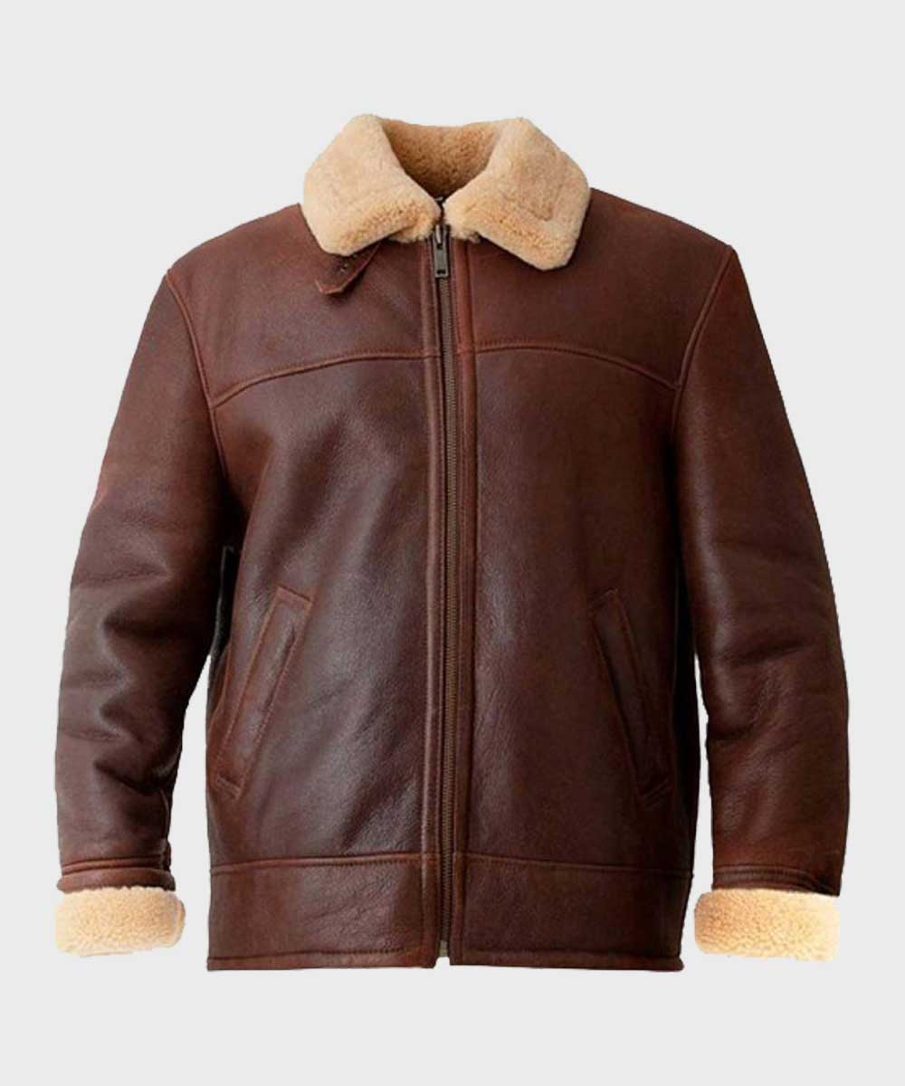 Mens Brown Aviator Shearling Bomber Jacket