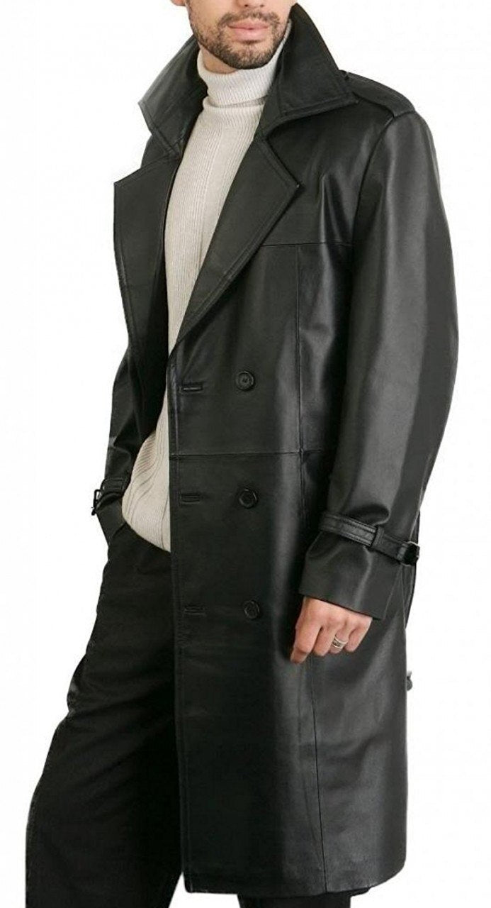 Black Leather Trench Vintage Coat For Men