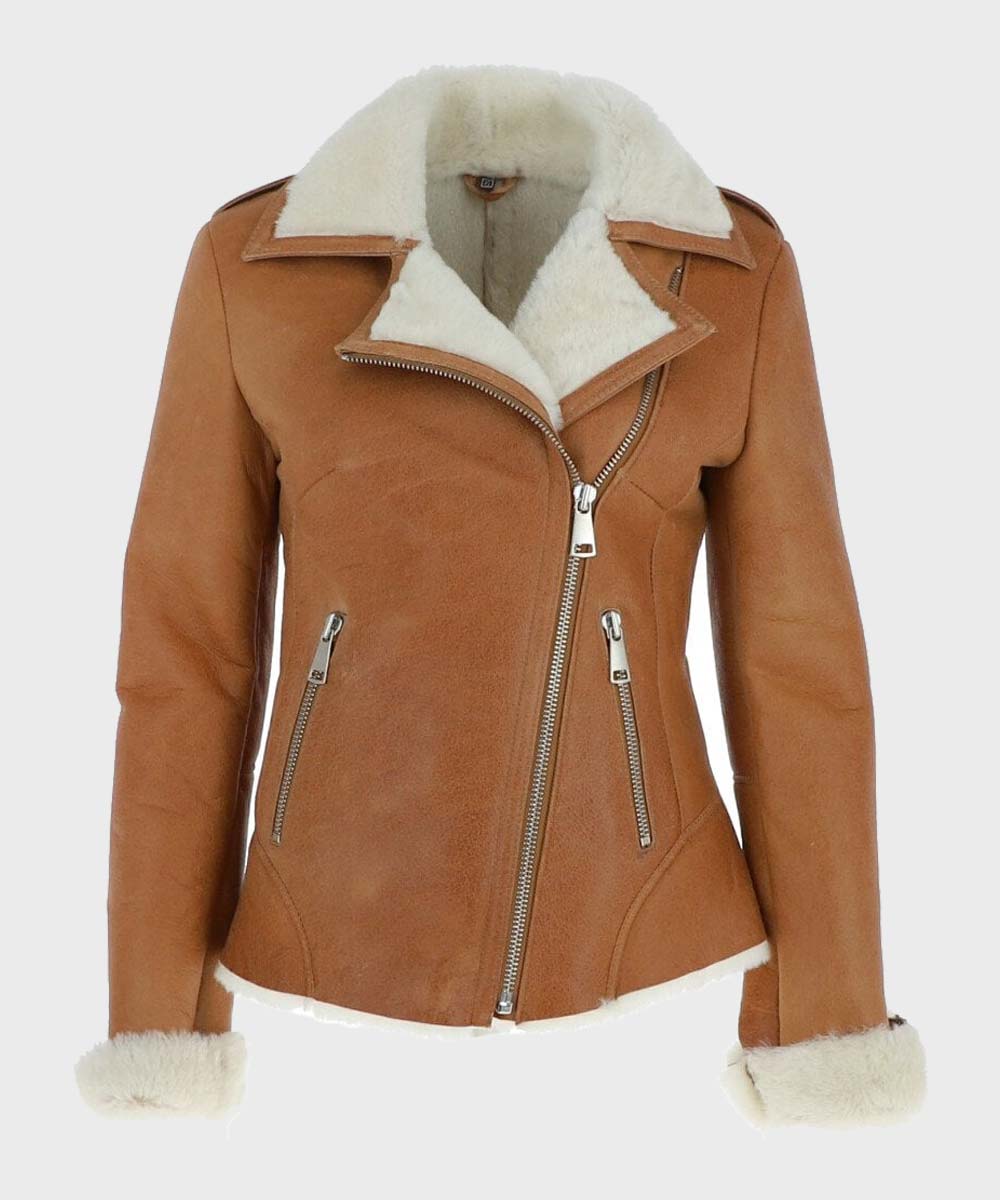 Women’s Shearling Tan Bomber Leather Jacket