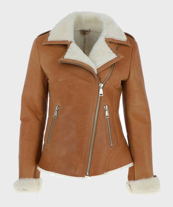 Women’s Shearling Tan Bomber Leather Jacket