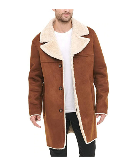 Men’s Shearling Walking Brown Suede Leather Coat
