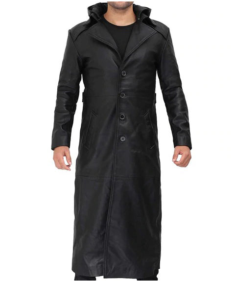 Black Leather Trench Coat Men Hooded Coat