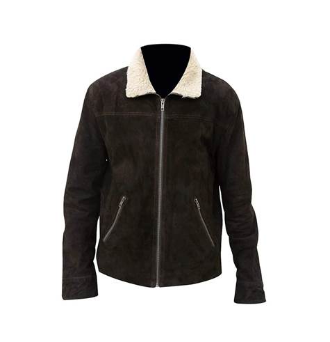 Mens Shearling Collar Suede Leather Jacket