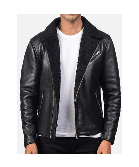 Mens Black Leather Bomber Shearling Jacket