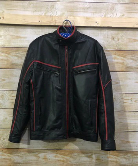 Men's Black sheepskin Leather Red Lining Jacket